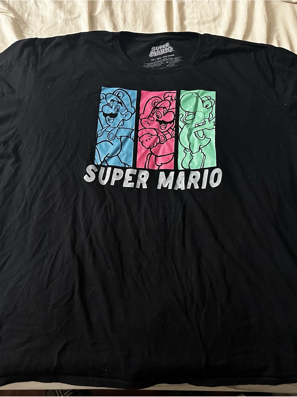 Nintendo Super Mario Black Tee with Blue Pink Green Panels